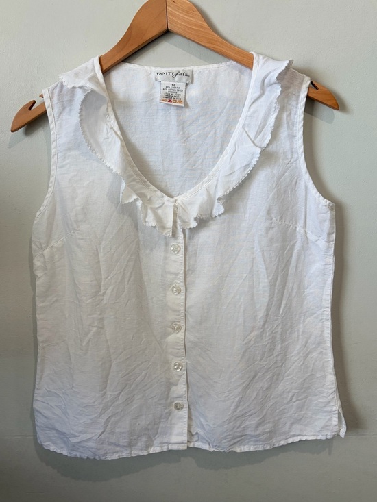 Vanity Fair Tops - Vintage White Linen Blend Sleeveless Blouse 10 Ruffle Collar Cottagecore